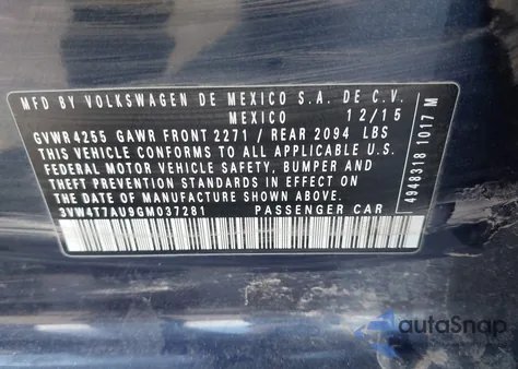 2016 Volkswagen Golf Gti Se 4-Door из США, поврежденный, VIN 3VW4T7AU9GM037281